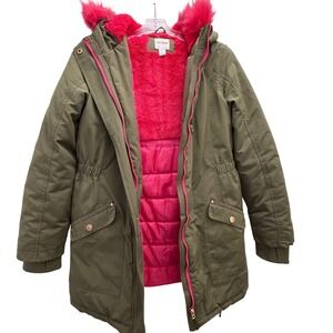 Cat & Jack Girls XL 14/16 Olive Green Parka Hot Pink Faux Fur Hooded Jacket EUC